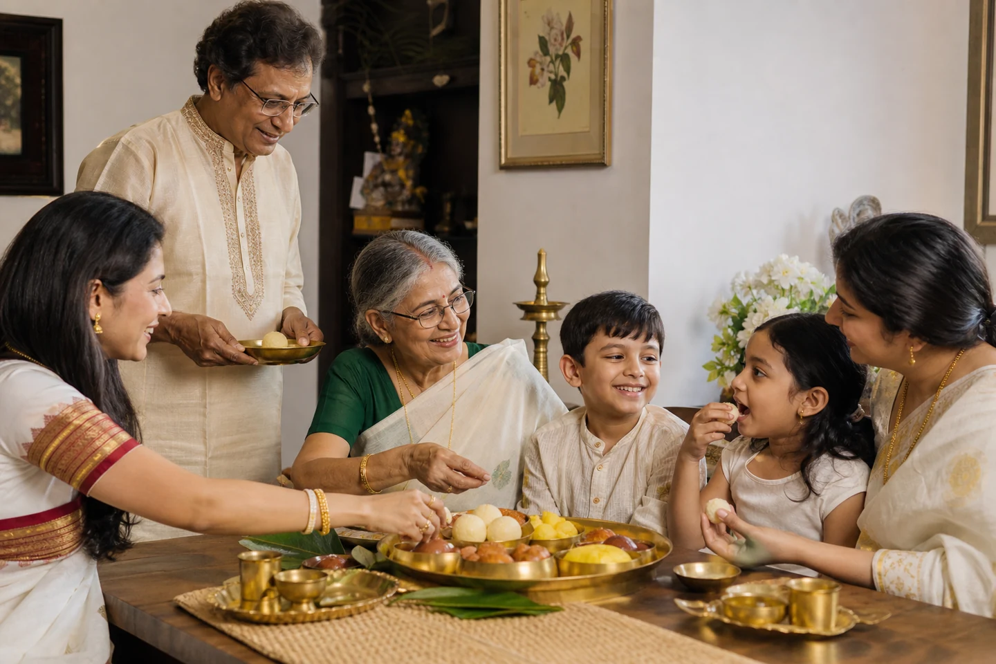 A Bengali family sharing traditional sweets together