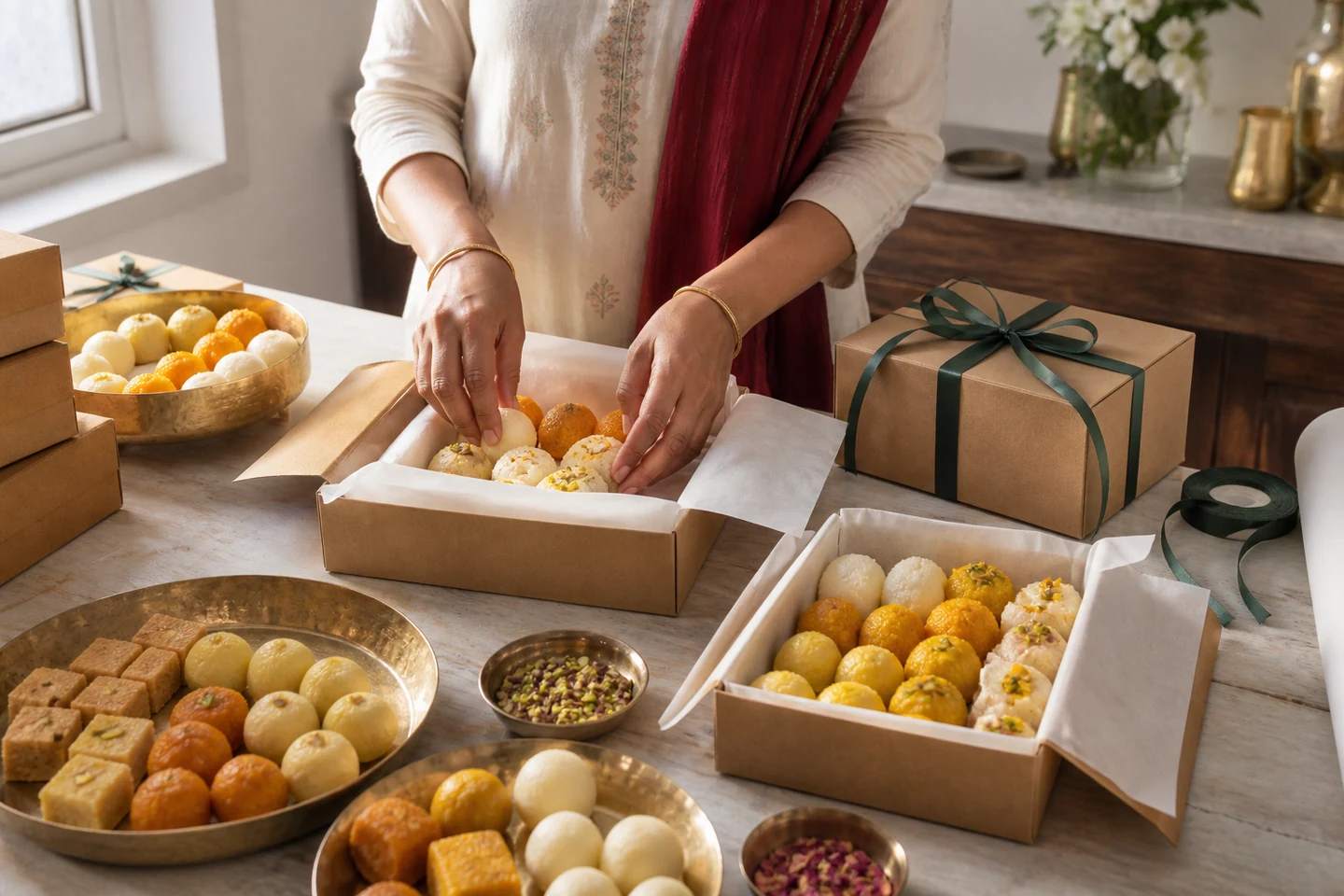 Bengali sweets being arranged carefully for gifting