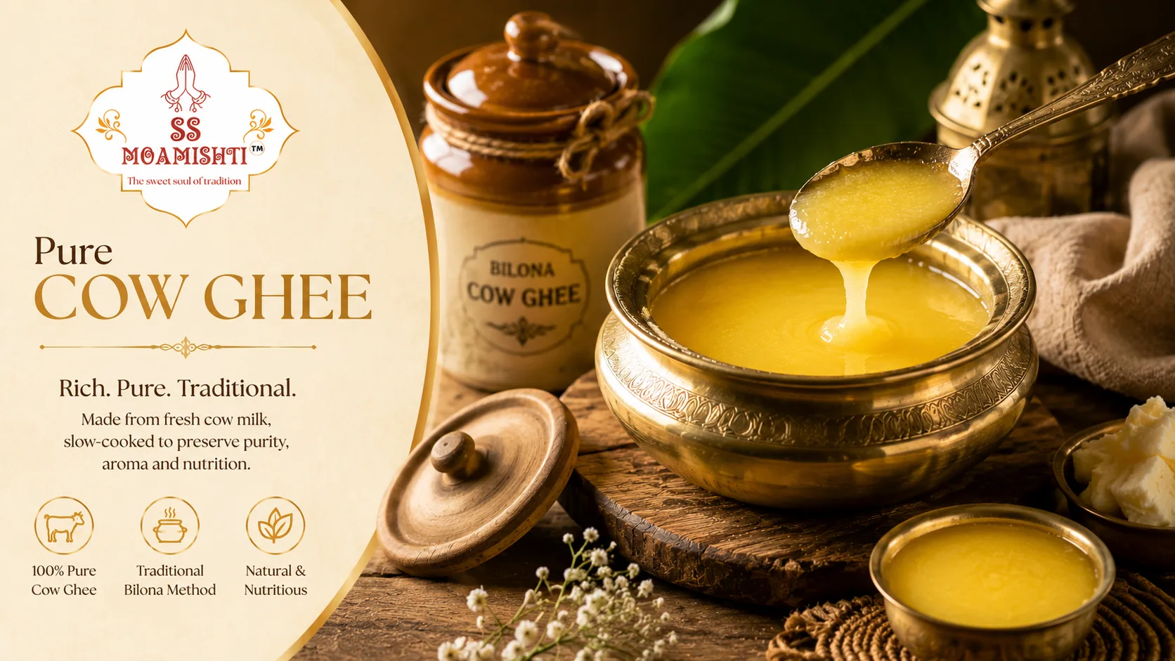 Pure ghee ingredient presentation for Bengali sweets
